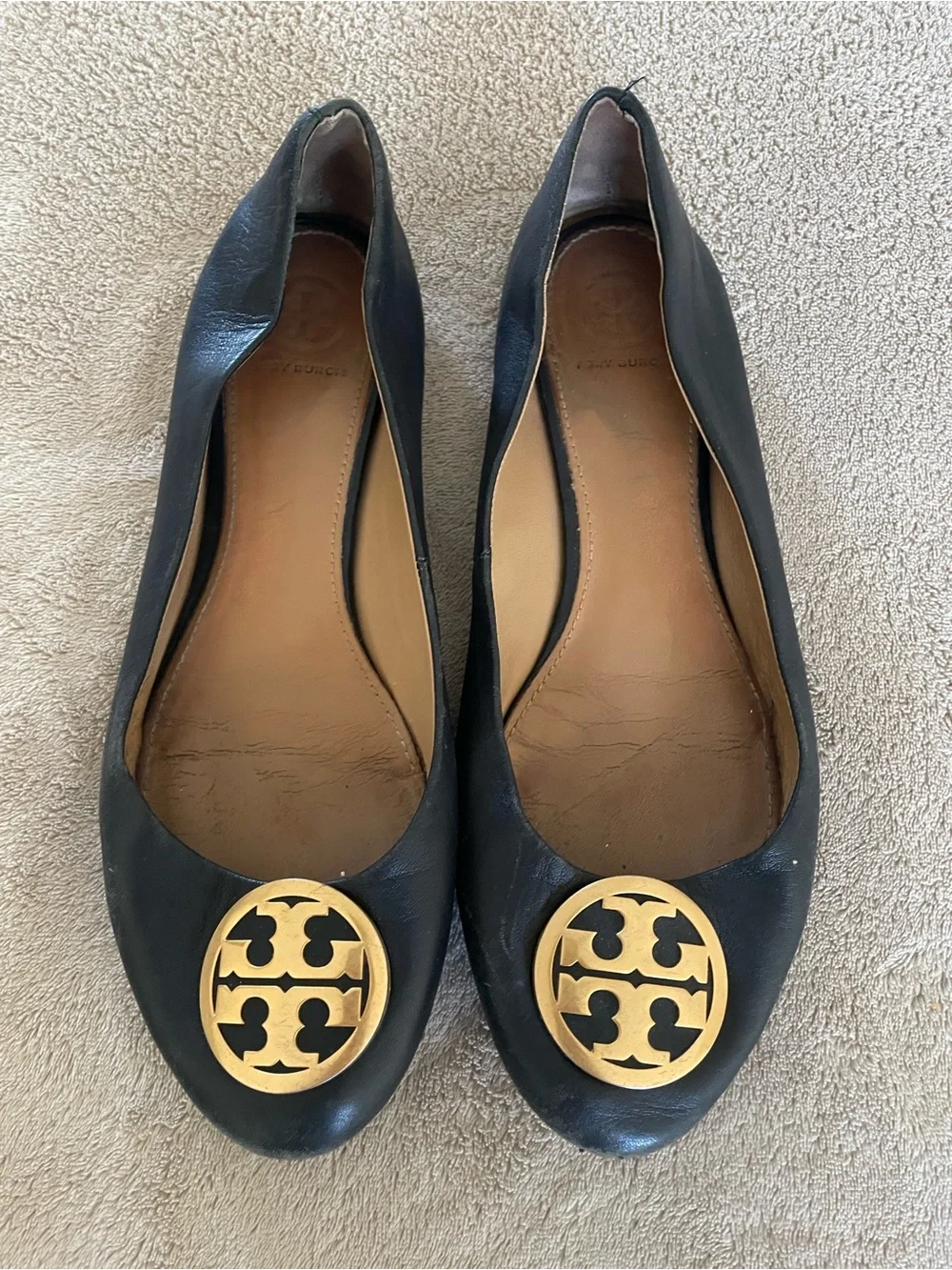 Tory Burch Black Leather Ballet Flats with Gold Logo Medallion